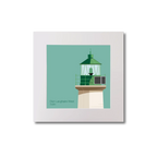 Illustration of Dún Laoghaire West lighthouse on an ocean green background, mounted and measuring 20x20cm.