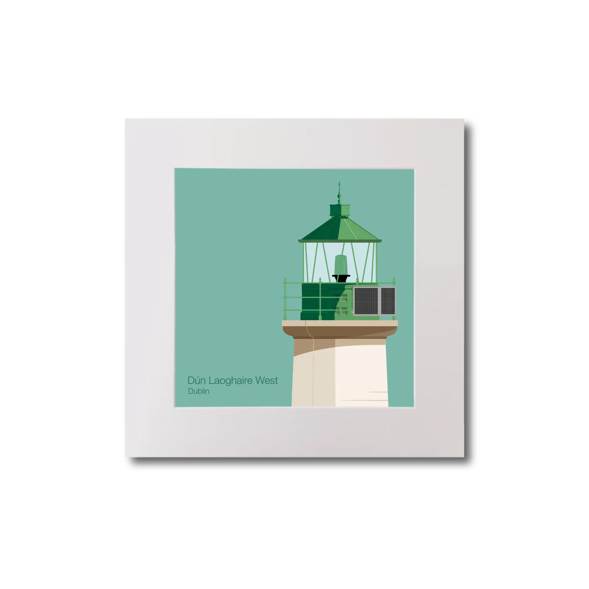 Illustration of Dún Laoghaire West lighthouse on an ocean green background, mounted and measuring 20x20cm.