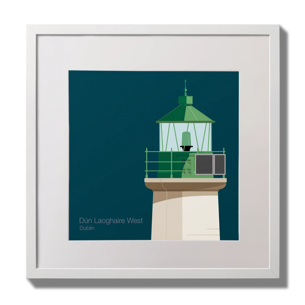 Illustration of Dún Laoghaire West lighthouse on a midnight blue background,  in a white square frame measuring 30x30cm.