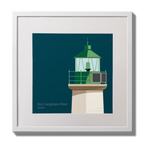 Illustration of Dún Laoghaire West lighthouse on a midnight blue background,  in a white square frame measuring 30x30cm.