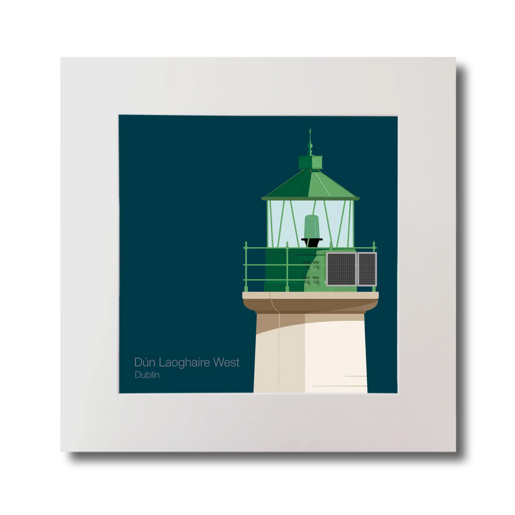 Illustration of Dún Laoghaire West lighthouse on a midnight blue background, mounted and measuring 30x30cm.