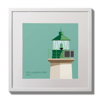 Illustration of Dún Laoghaire West lighthouse on an ocean green background,  in a white square frame measuring 30x30cm.