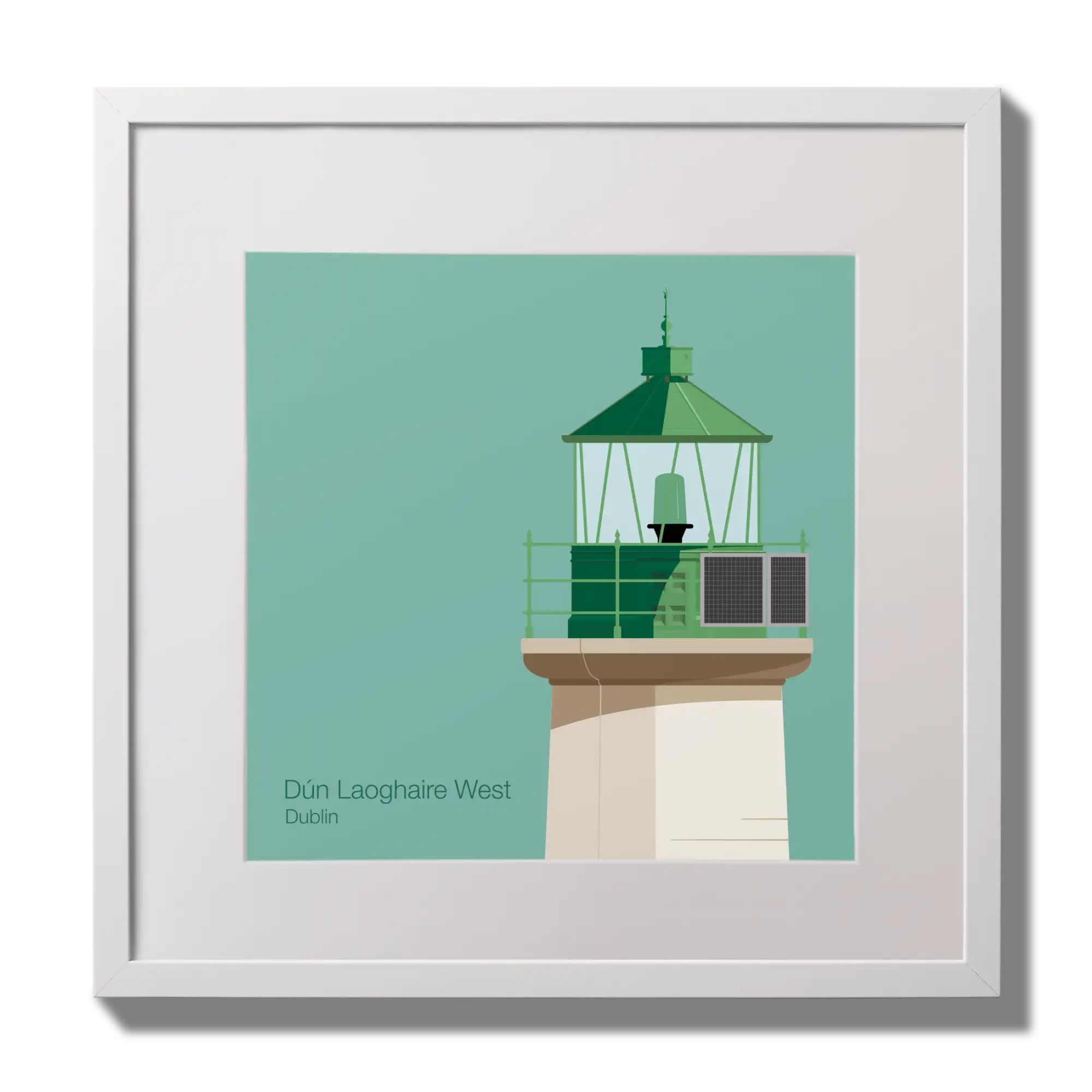 Illustration of Dún Laoghaire West lighthouse on an ocean green background,  in a white square frame measuring 30x30cm.