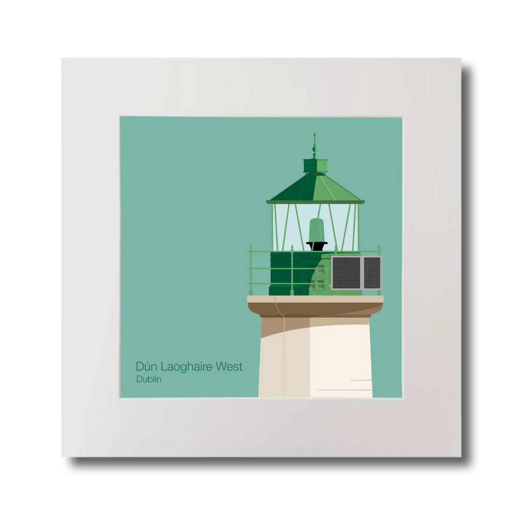 Illustration of Dún Laoghaire West lighthouse on an ocean green background, mounted and measuring 30x30cm.