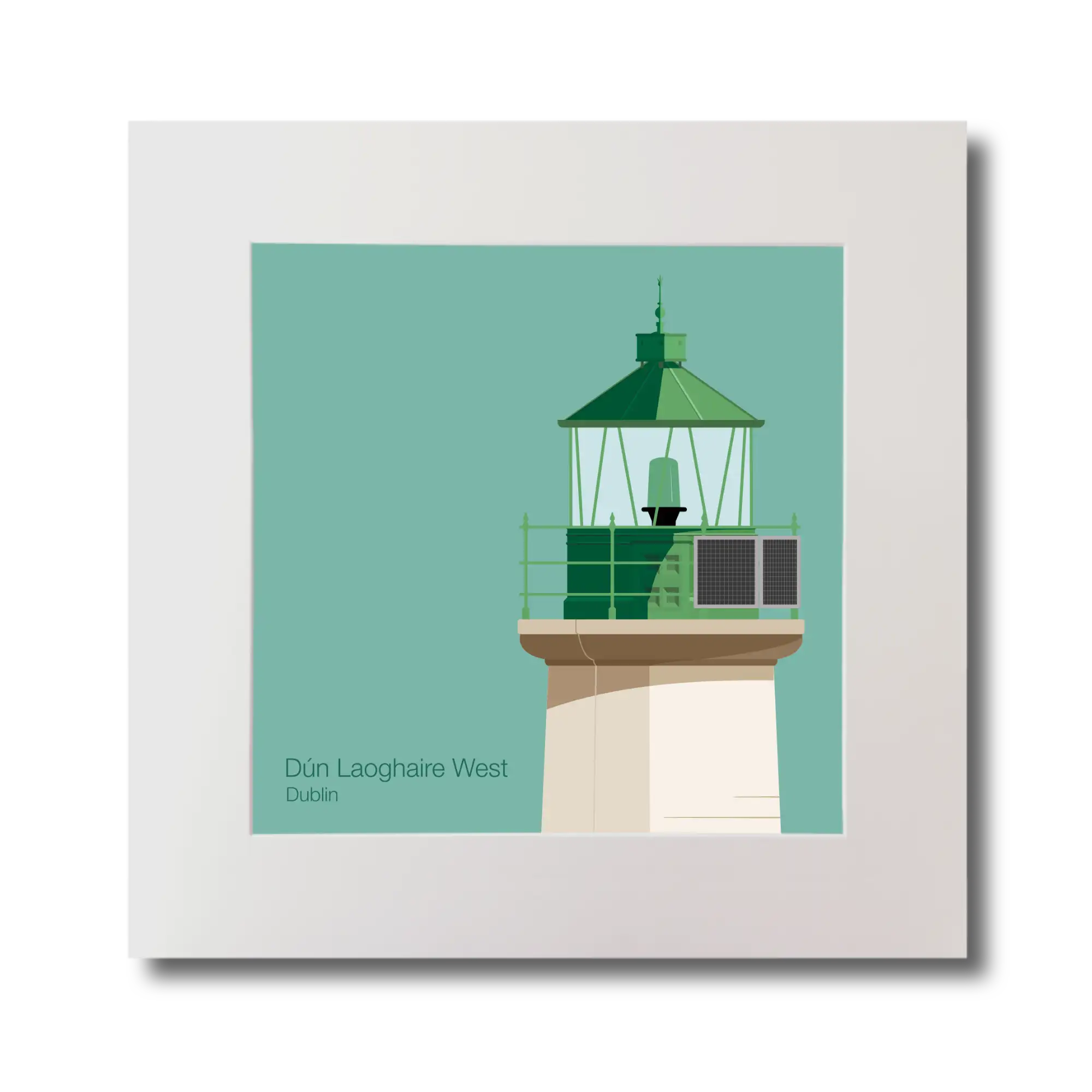 Illustration of Dún Laoghaire West lighthouse on an ocean green background, mounted and measuring 30x30cm.