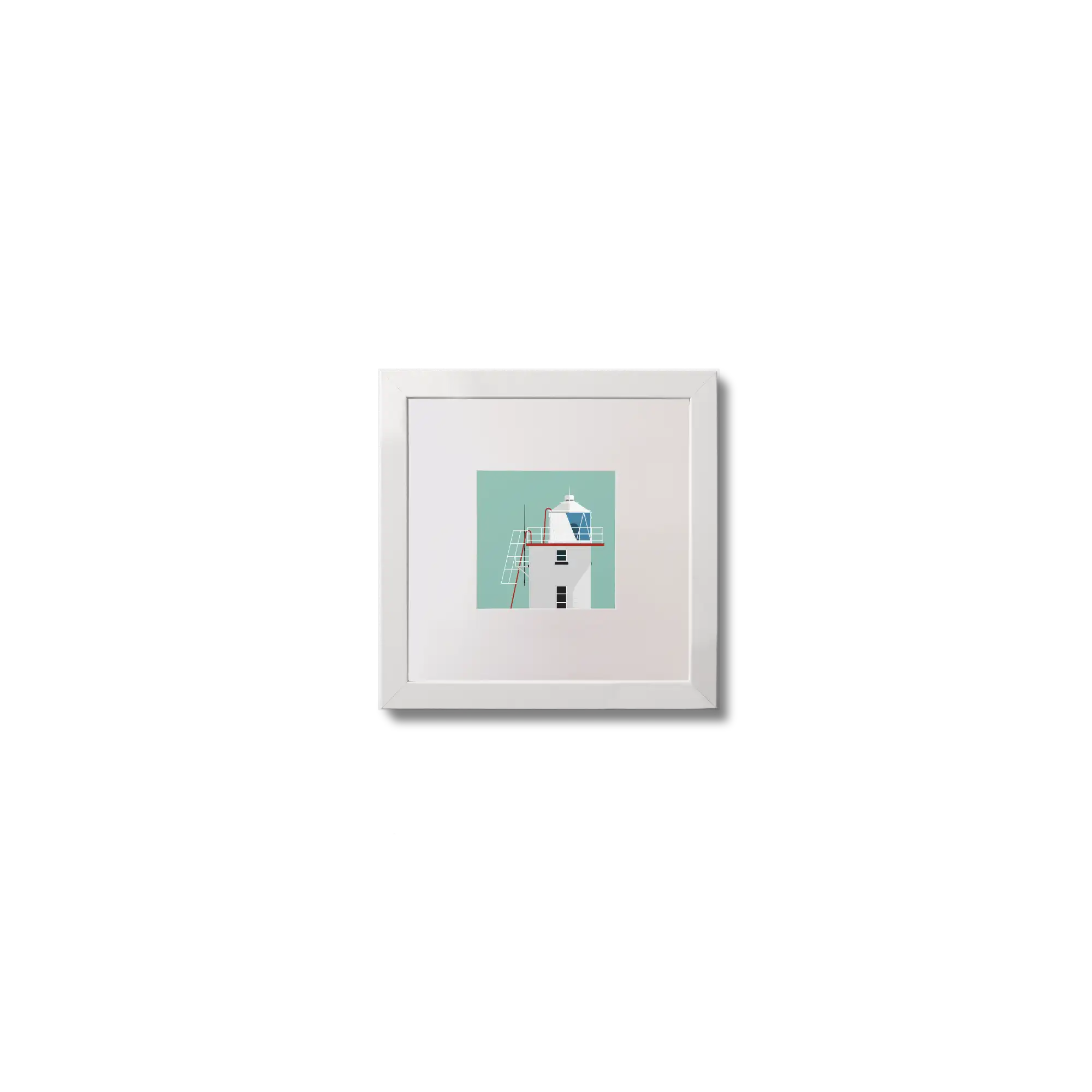 Illustration of Skellig Michael lighthouse on an ocean green background,  in a white square frame measuring 10x10cm.