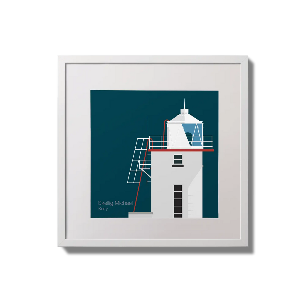 Illustration of Skellig Michael lighthouse on a midnight blue background,  in a white square frame measuring 20x20cm.