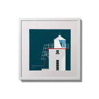 Illustration of Skellig Michael lighthouse on a midnight blue background,  in a white square frame measuring 20x20cm.