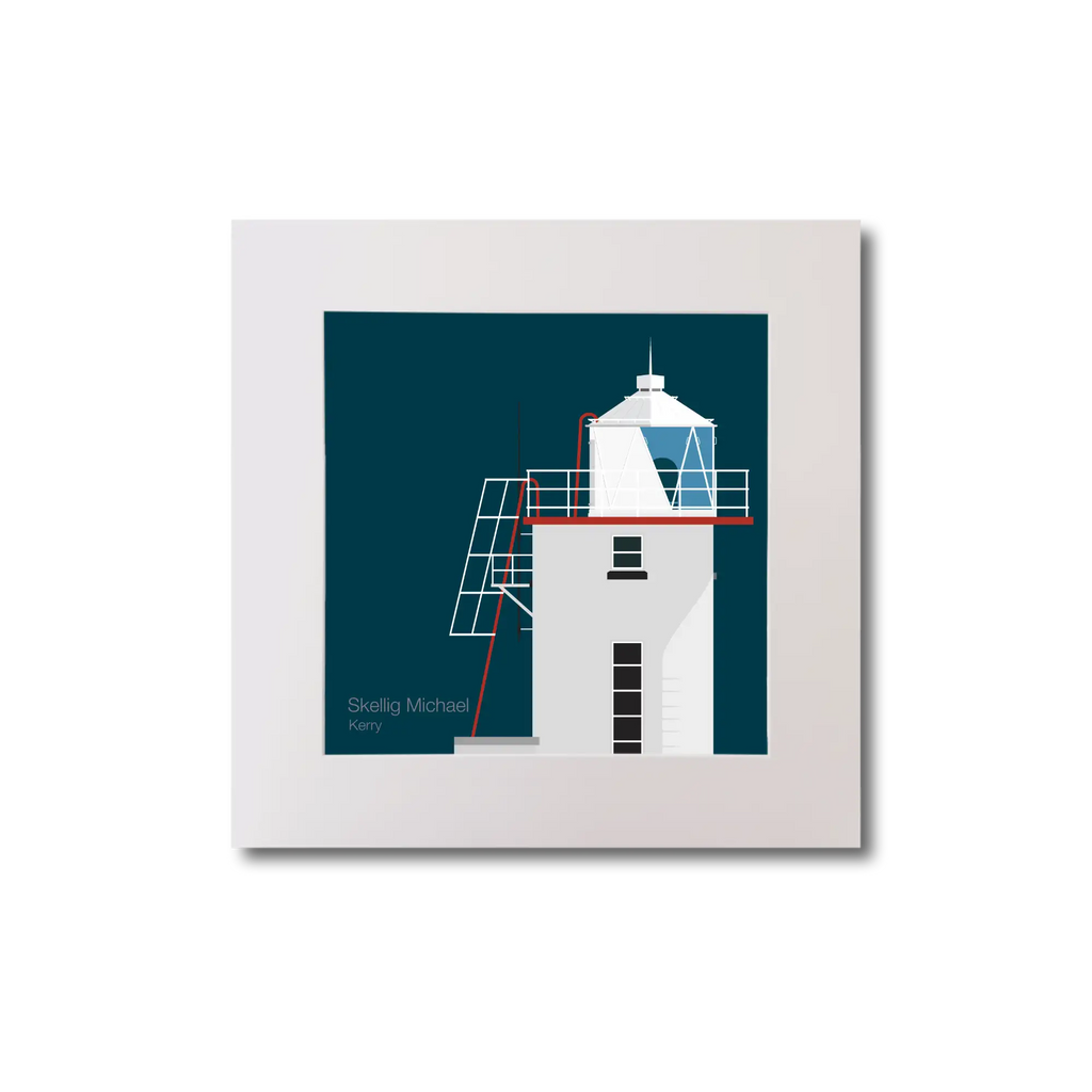 Illustration of Skellig Michael lighthouse on a midnight blue background, mounted and measuring 20x20cm.