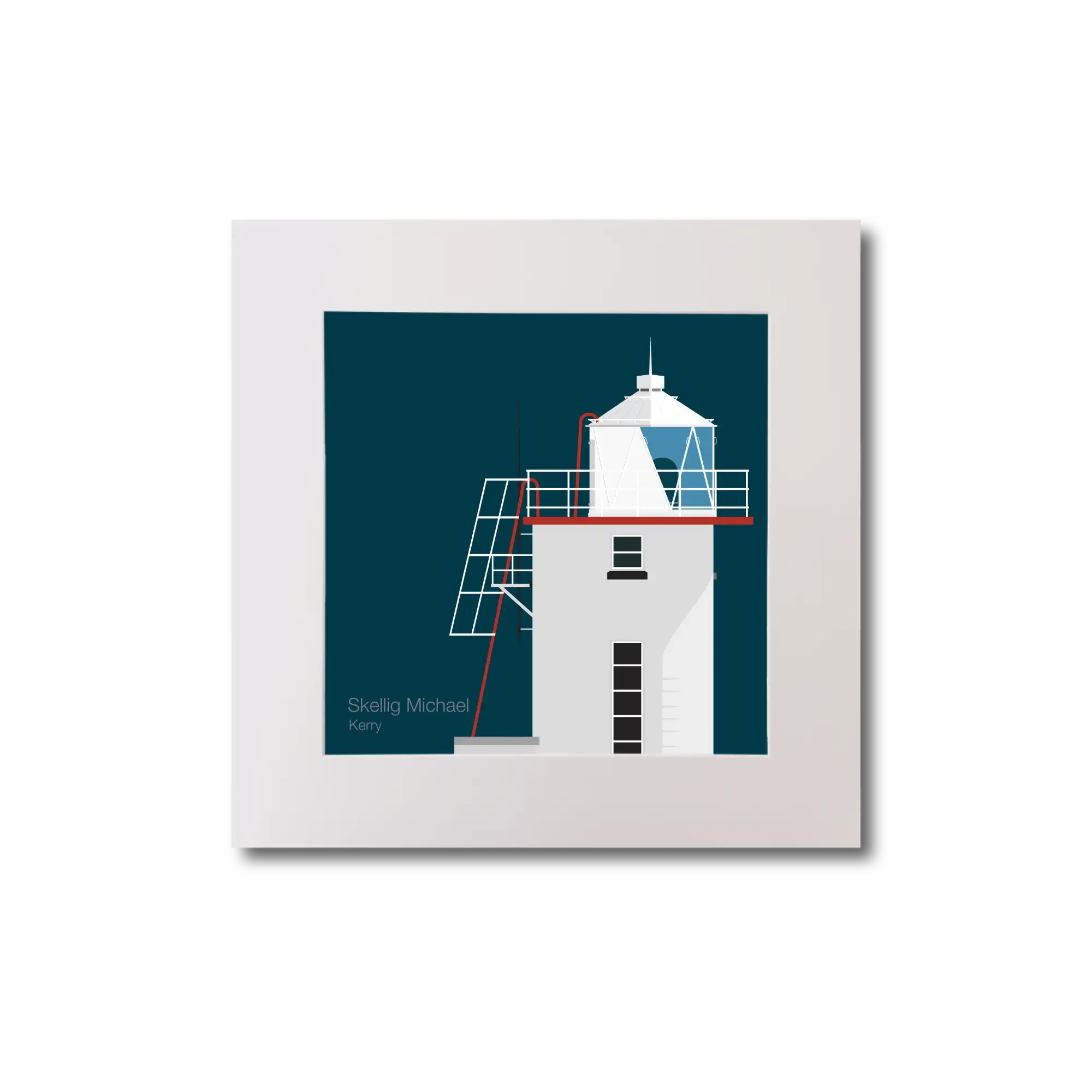 Illustration of Skellig Michael lighthouse on a midnight blue background, mounted and measuring 20x20cm.