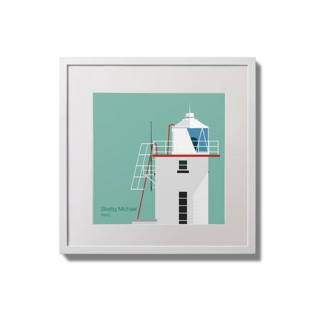Illustration of Skellig Michael lighthouse on an ocean green background,  in a white square frame measuring 20x20cm.