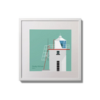 Illustration of Skellig Michael lighthouse on an ocean green background,  in a white square frame measuring 20x20cm.