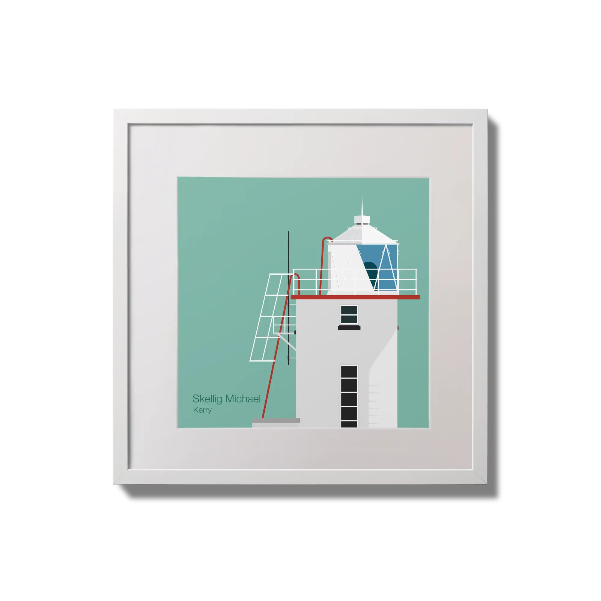 Illustration of Skellig Michael lighthouse on an ocean green background,  in a white square frame measuring 20x20cm.