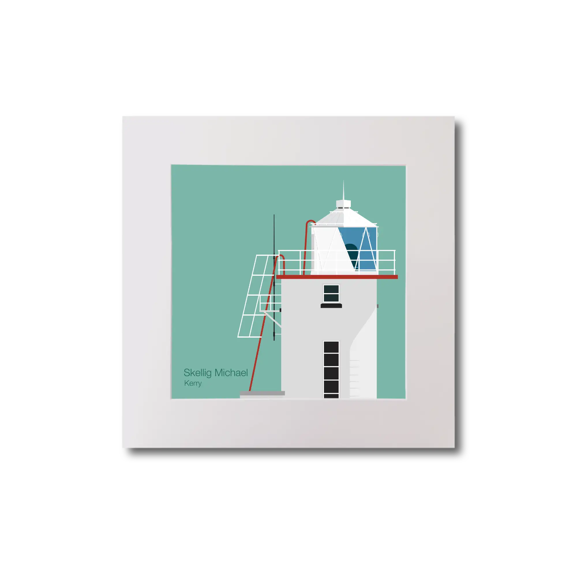 Illustration of Skellig Michael lighthouse on an ocean green background, mounted and measuring 20x20cm.