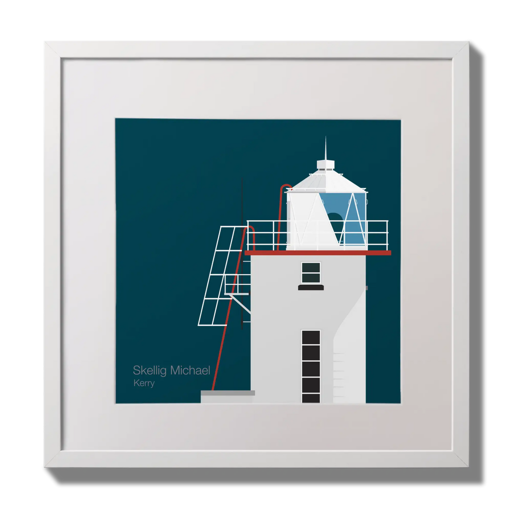 Illustration of Skellig Michael lighthouse on a midnight blue background,  in a white square frame measuring 30x30cm.