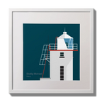 Illustration of Skellig Michael lighthouse on a midnight blue background,  in a white square frame measuring 30x30cm.