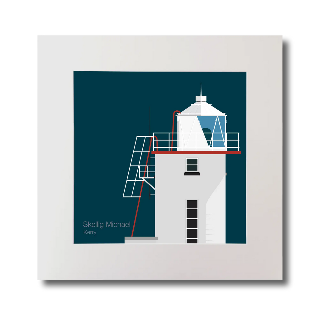 Illustration of Skellig Michael lighthouse on a midnight blue background, mounted and measuring 30x30cm.