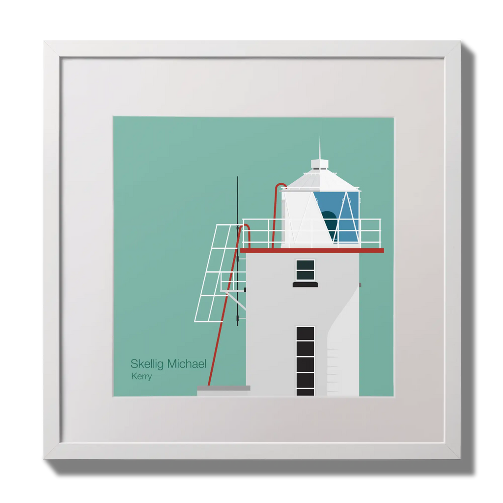 Illustration of Skellig Michael lighthouse on an ocean green background,  in a white square frame measuring 30x30cm.