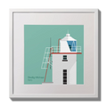 Illustration of Skellig Michael lighthouse on an ocean green background,  in a white square frame measuring 30x30cm.