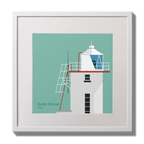Illustration of Skellig Michael lighthouse on an ocean green background,  in a white square frame measuring 30x30cm.