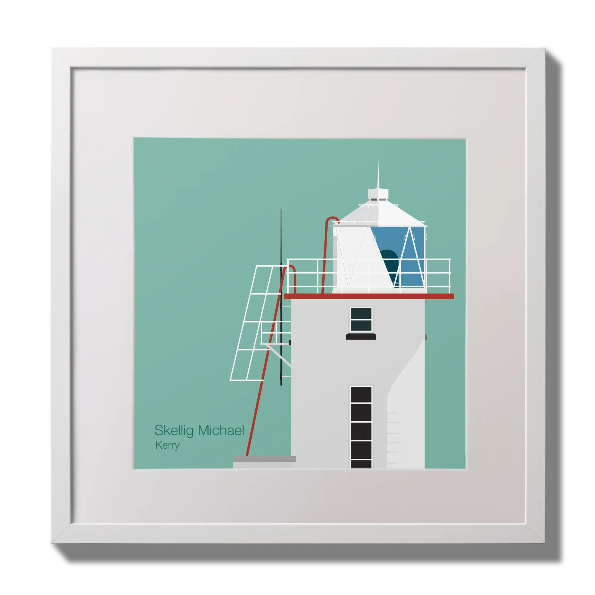 Illustration of Skellig Michael lighthouse on an ocean green background,  in a white square frame measuring 30x30cm.