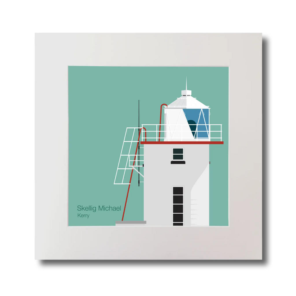 Illustration of Skellig Michael lighthouse on an ocean green background, mounted and measuring 30x30cm.