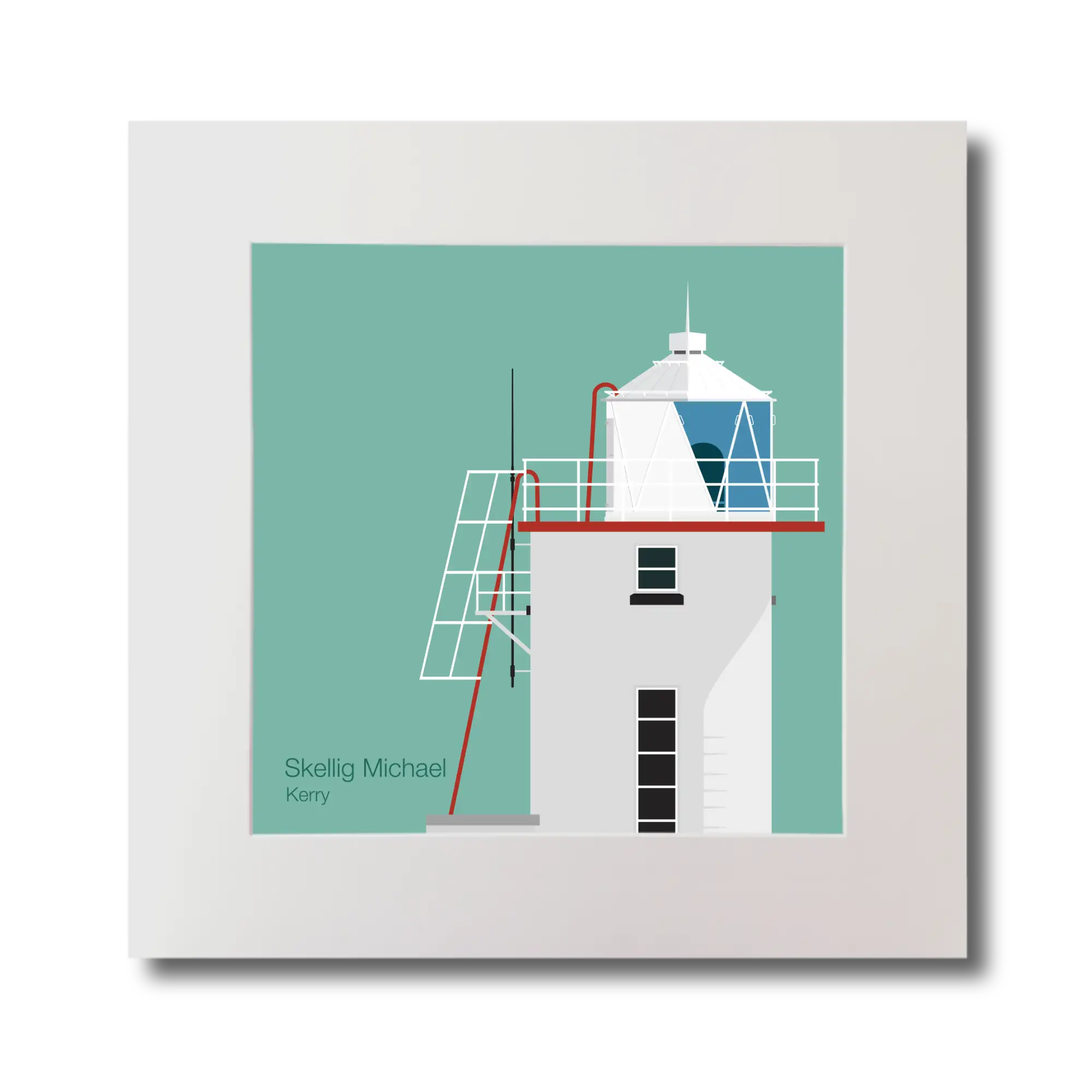 Illustration of Skellig Michael lighthouse on an ocean green background, mounted and measuring 30x30cm.