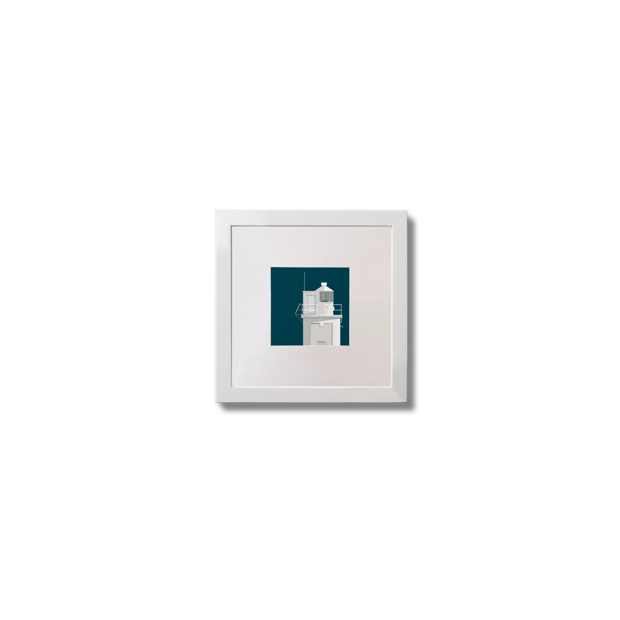 Illustration of Blackhead lighthouse on a midnight blue background,  in a white square frame measuring 10x10cm.