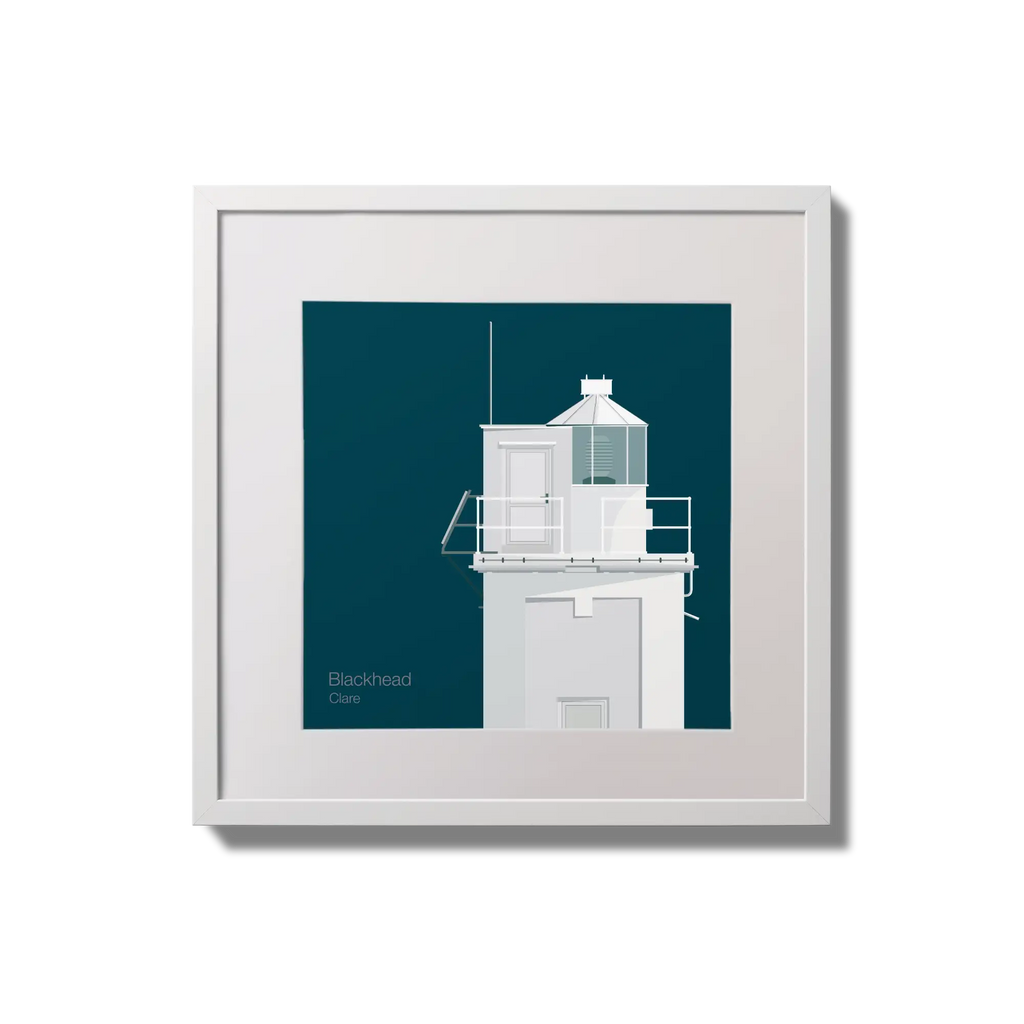 Illustration of Blackhead lighthouse on a midnight blue background,  in a white square frame measuring 20x20cm.