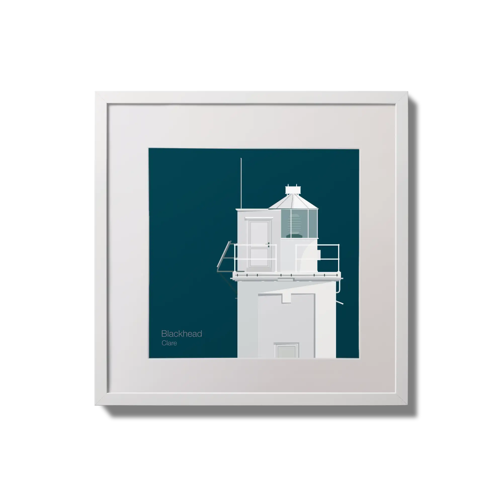 Illustration of Blackhead lighthouse on a midnight blue background,  in a white square frame measuring 20x20cm.