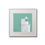Illustration of Blackhead lighthouse on an ocean green background,  in a white square frame measuring 20x20cm.