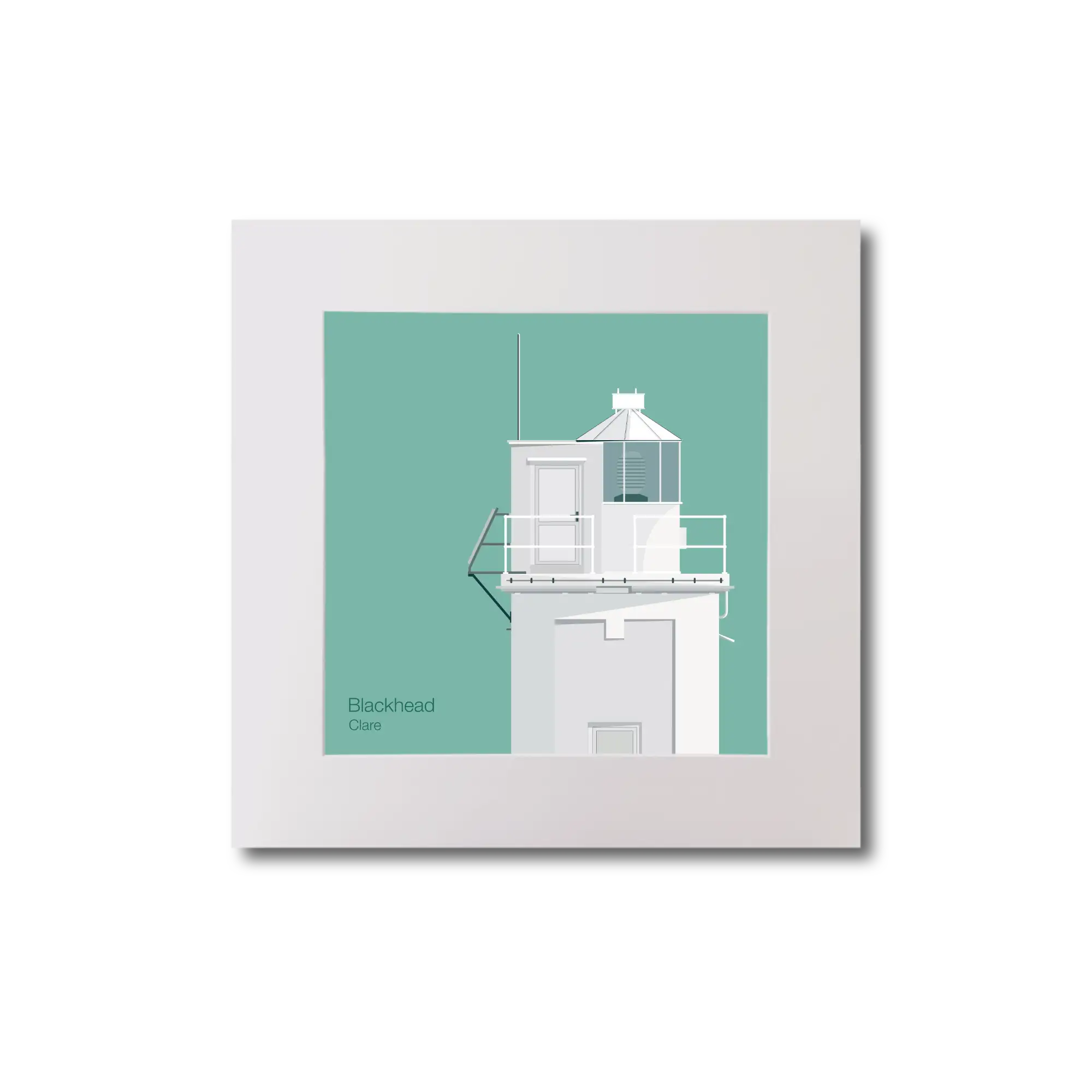 Illustration of Blackhead lighthouse on an ocean green background, mounted and measuring 20x20cm.