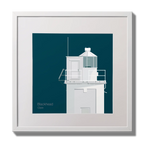Illustration of Blackhead lighthouse on a midnight blue background,  in a white square frame measuring 30x30cm.