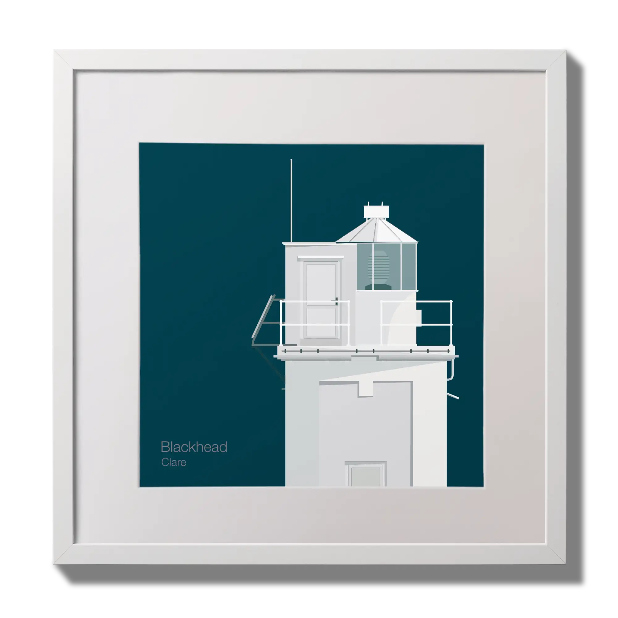 Illustration of Blackhead lighthouse on a midnight blue background,  in a white square frame measuring 30x30cm.