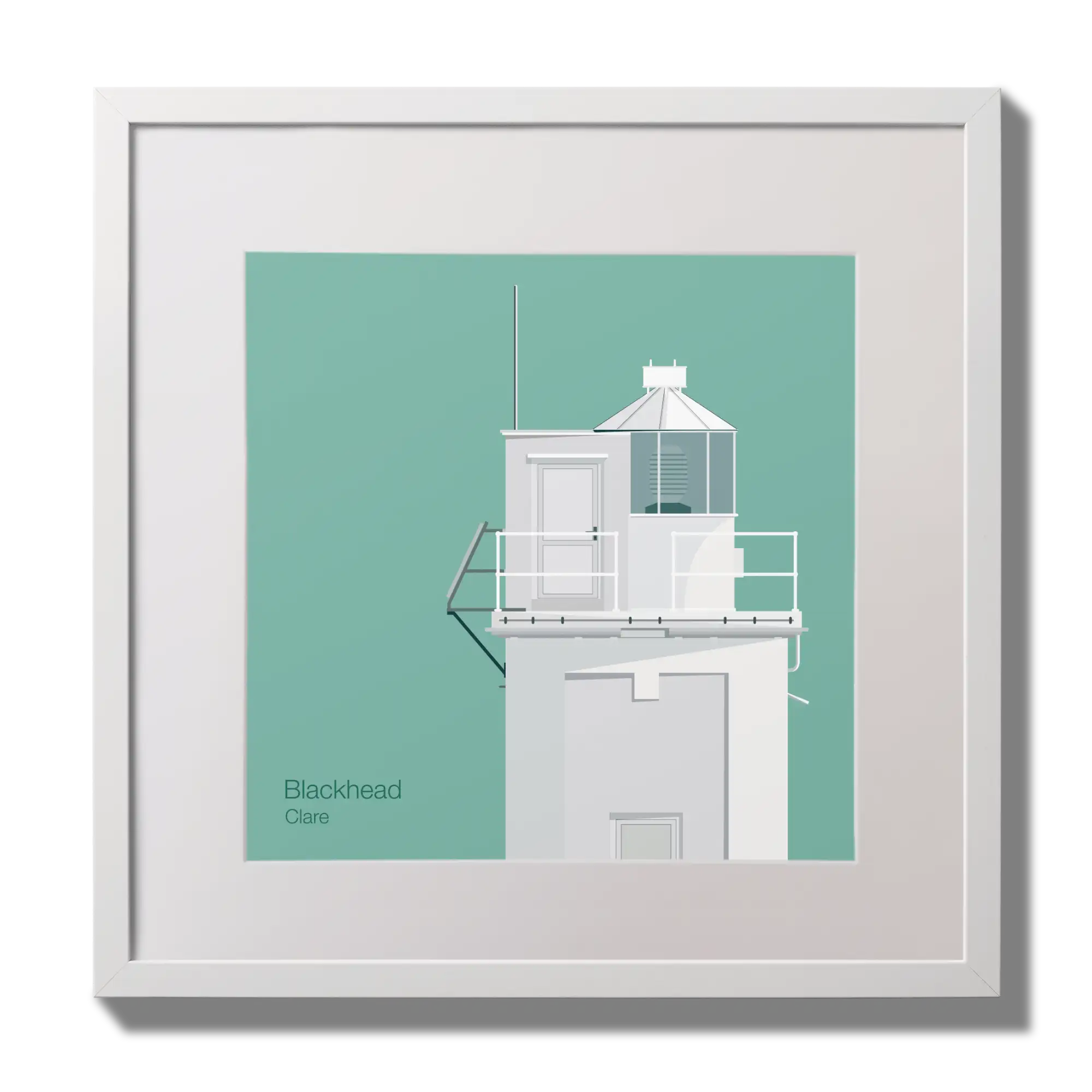 Illustration of Blackhead lighthouse on an ocean green background,  in a white square frame measuring 30x30cm.