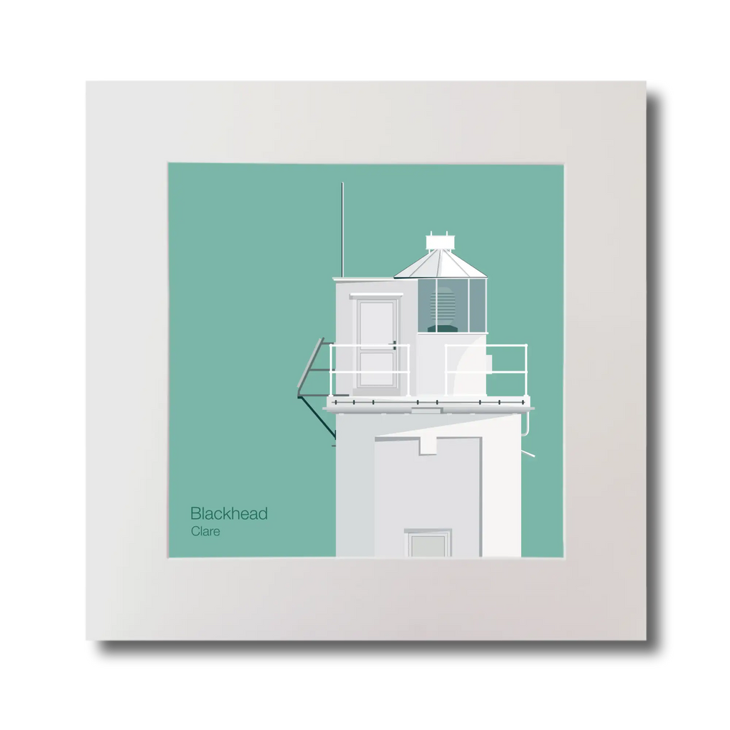 Illustration of Blackhead lighthouse on an ocean green background, mounted and measuring 30x30cm.