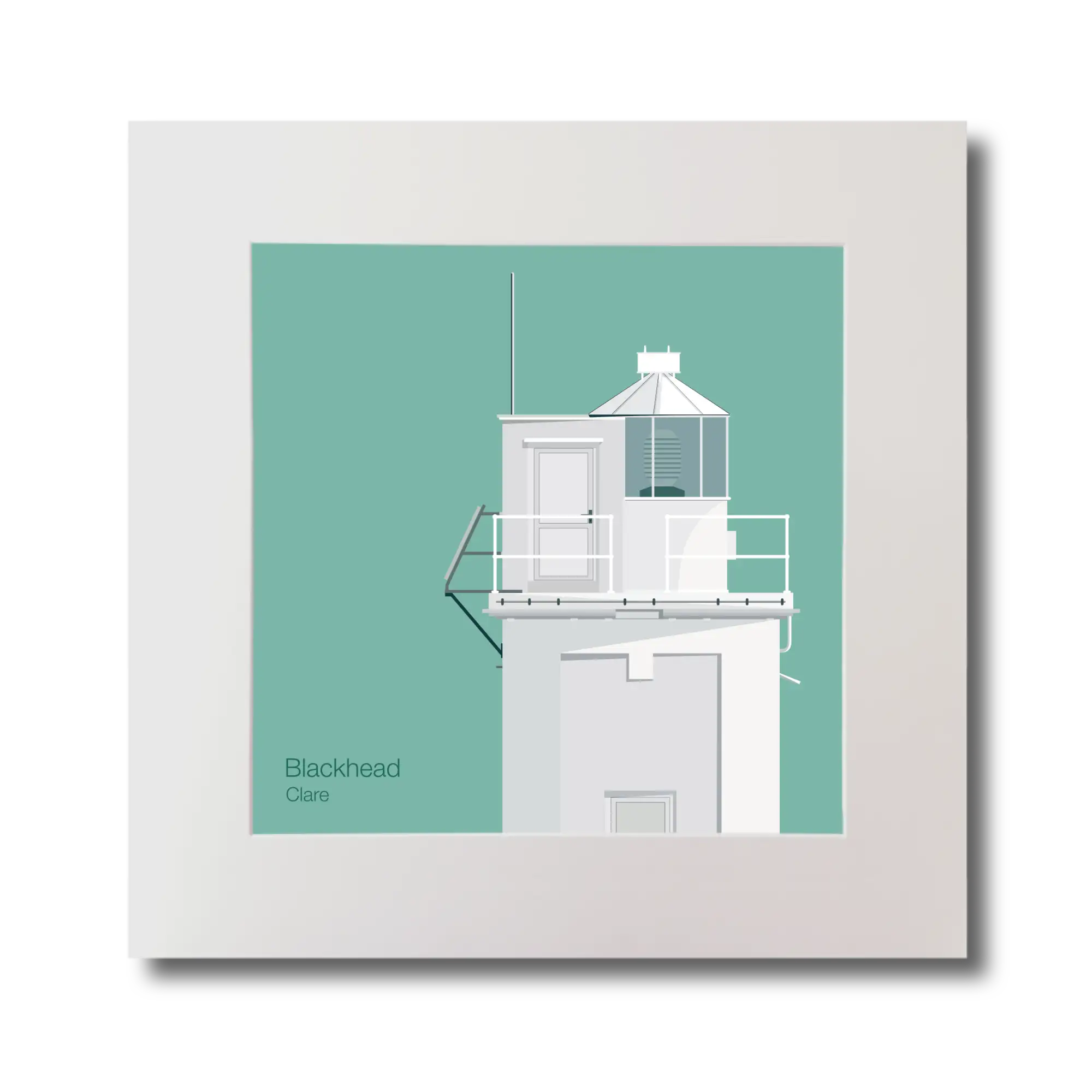 Illustration of Blackhead lighthouse on an ocean green background, mounted and measuring 30x30cm.