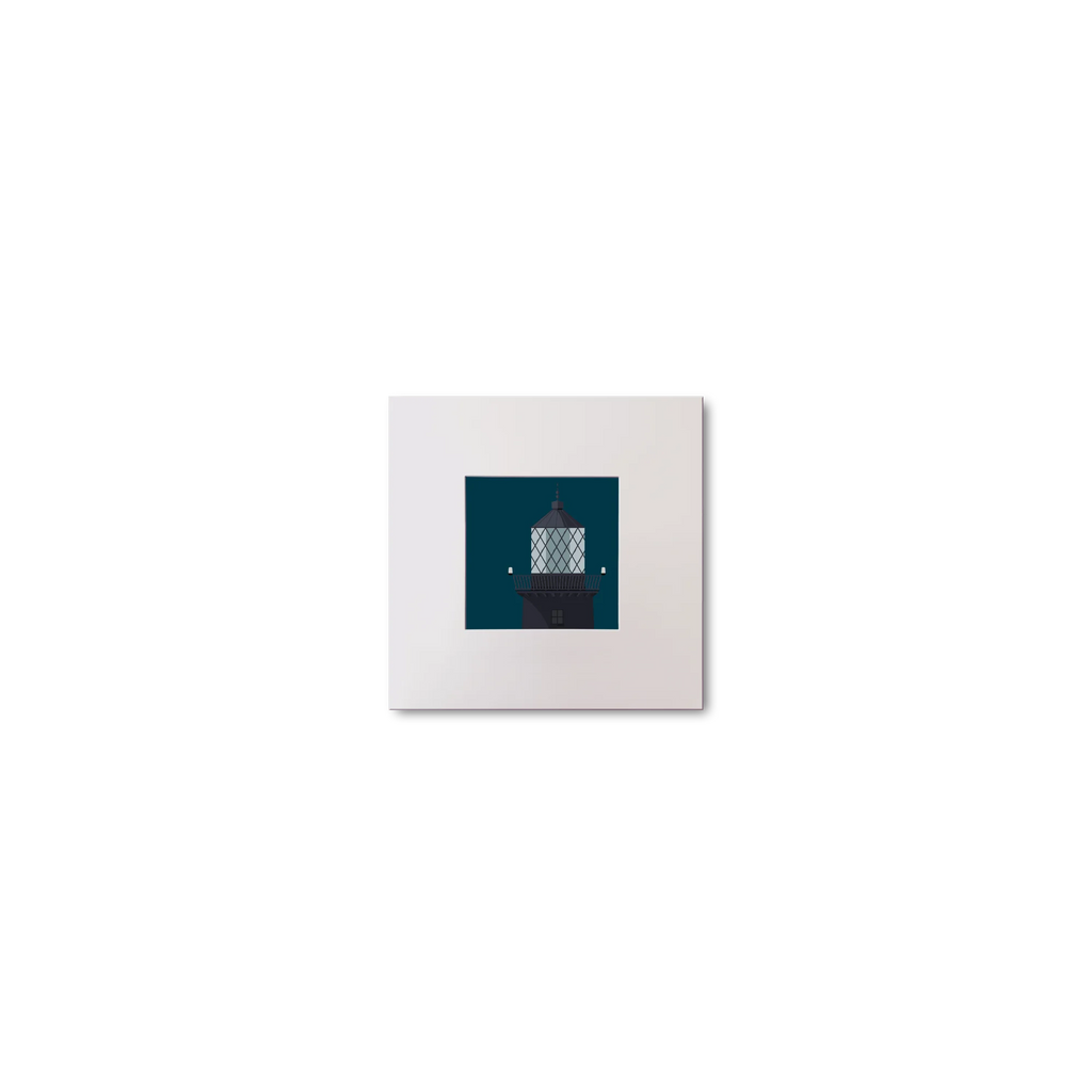 Illustration of Slyne Head lighthouse on a midnight blue background, mounted and measuring 10x10cm.