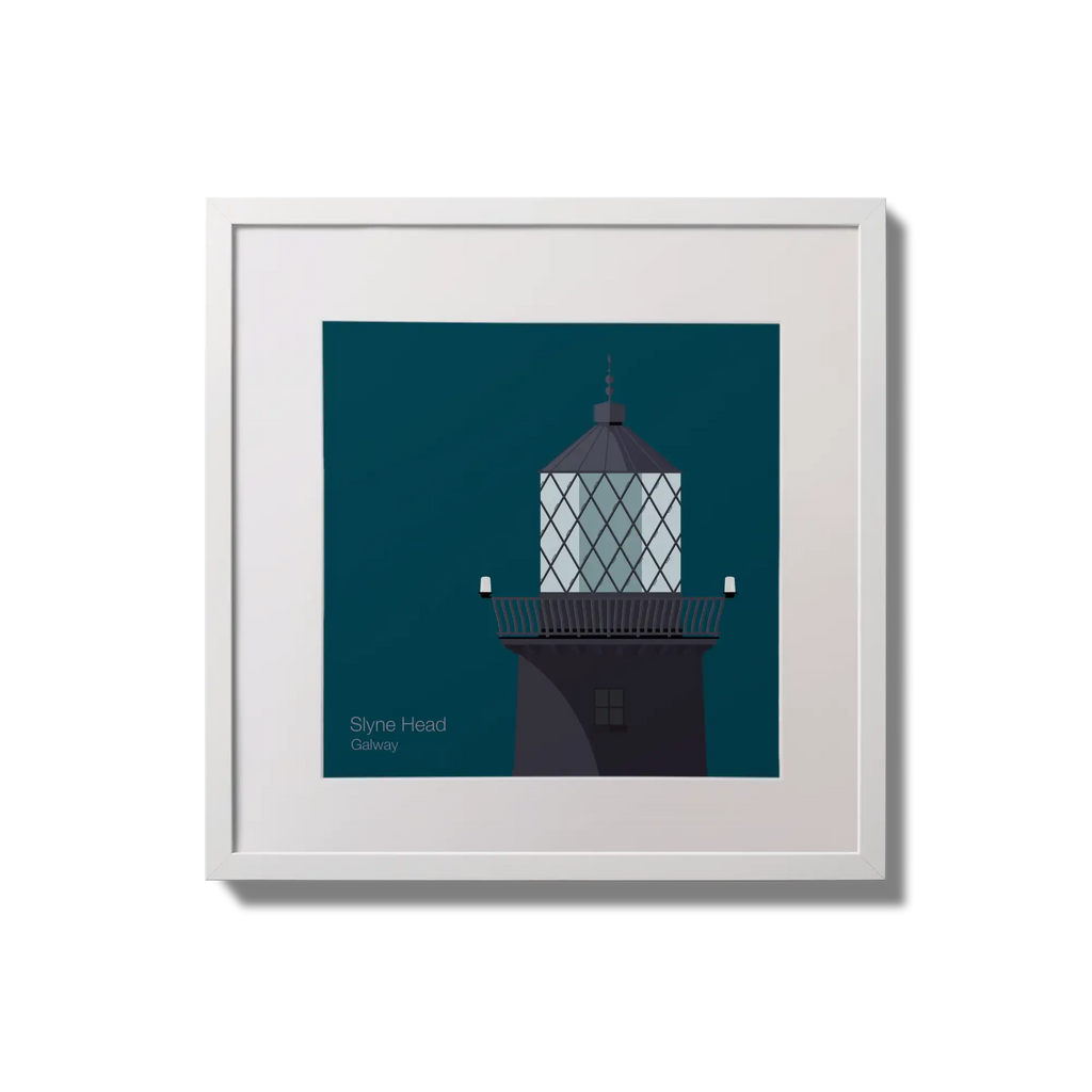 Illustration of Slyne Head lighthouse on a midnight blue background,  in a white square frame measuring 20x20cm.