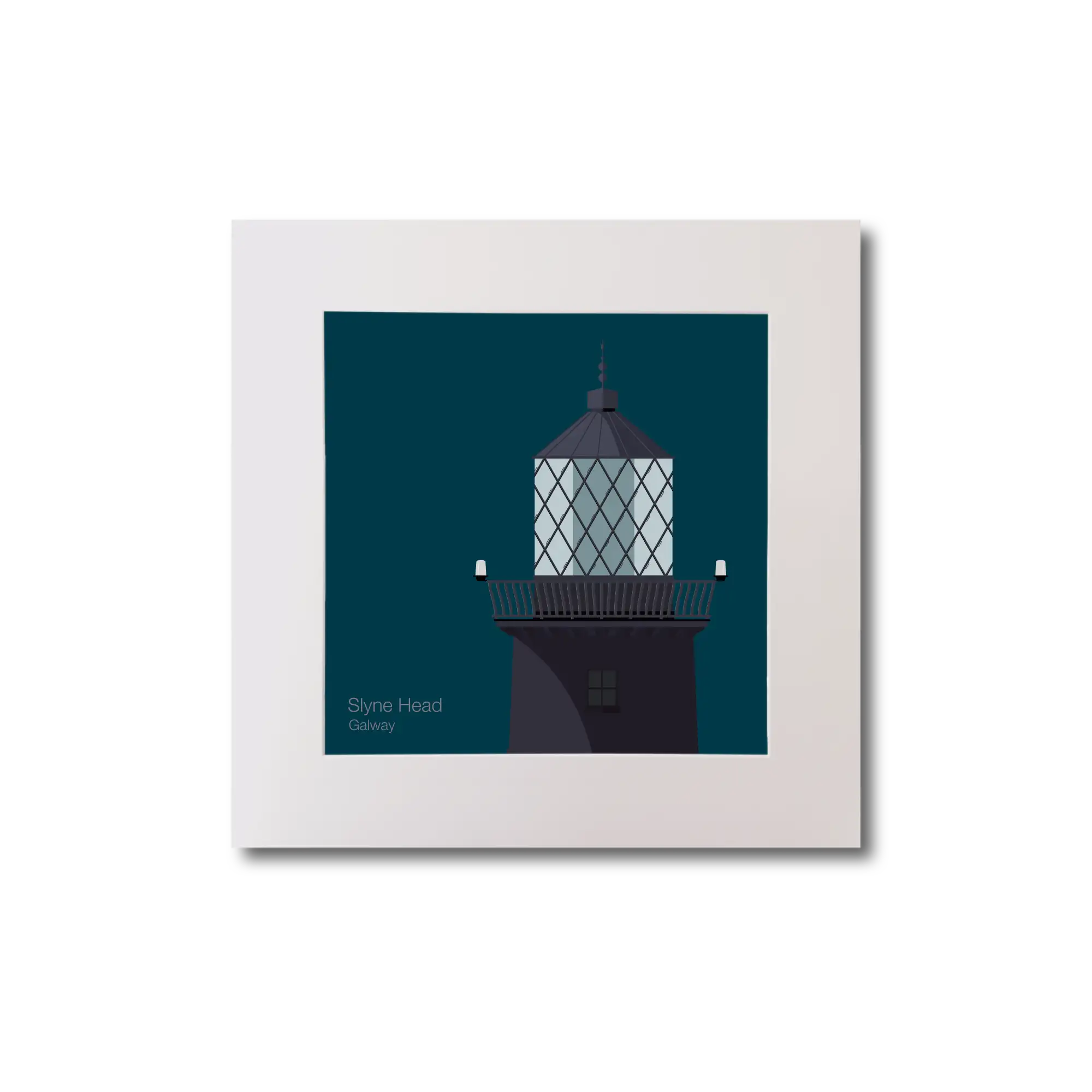Illustration of Slyne Head lighthouse on a midnight blue background, mounted and measuring 20x20cm.