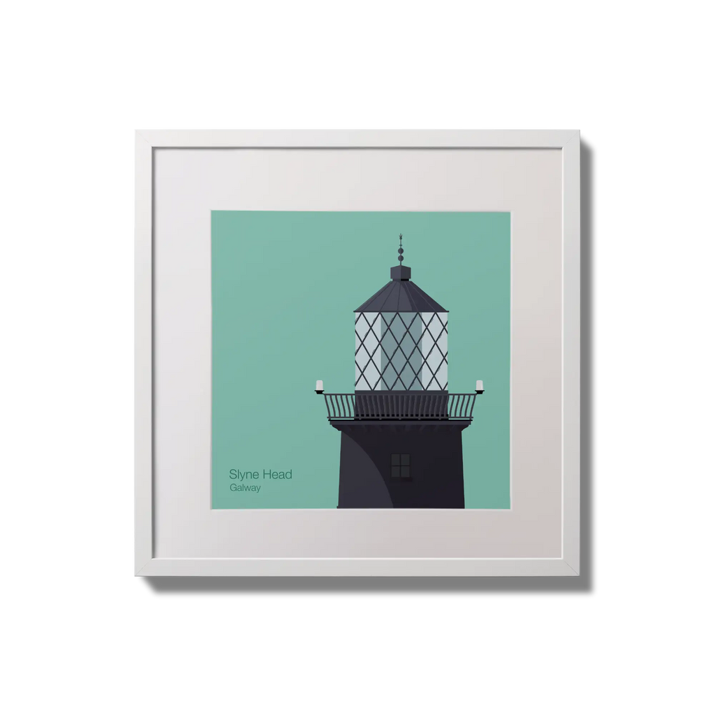 Illustration of Slyne Head lighthouse on an ocean green background,  in a white square frame measuring 20x20cm.