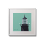 Illustration of Slyne Head lighthouse on an ocean green background,  in a white square frame measuring 20x20cm.