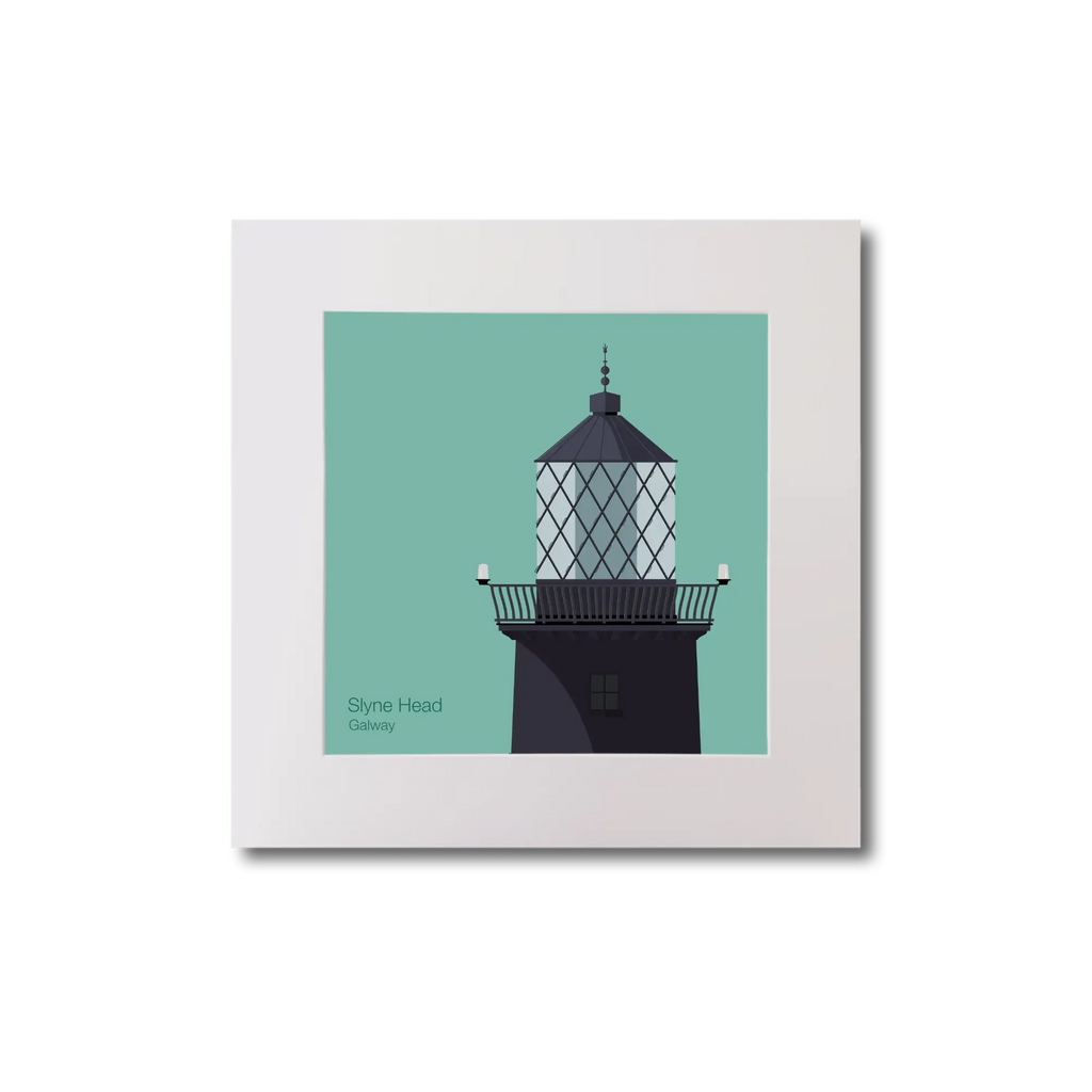 Illustration of Slyne Head lighthouse on an ocean green background, mounted and measuring 20x20cm.