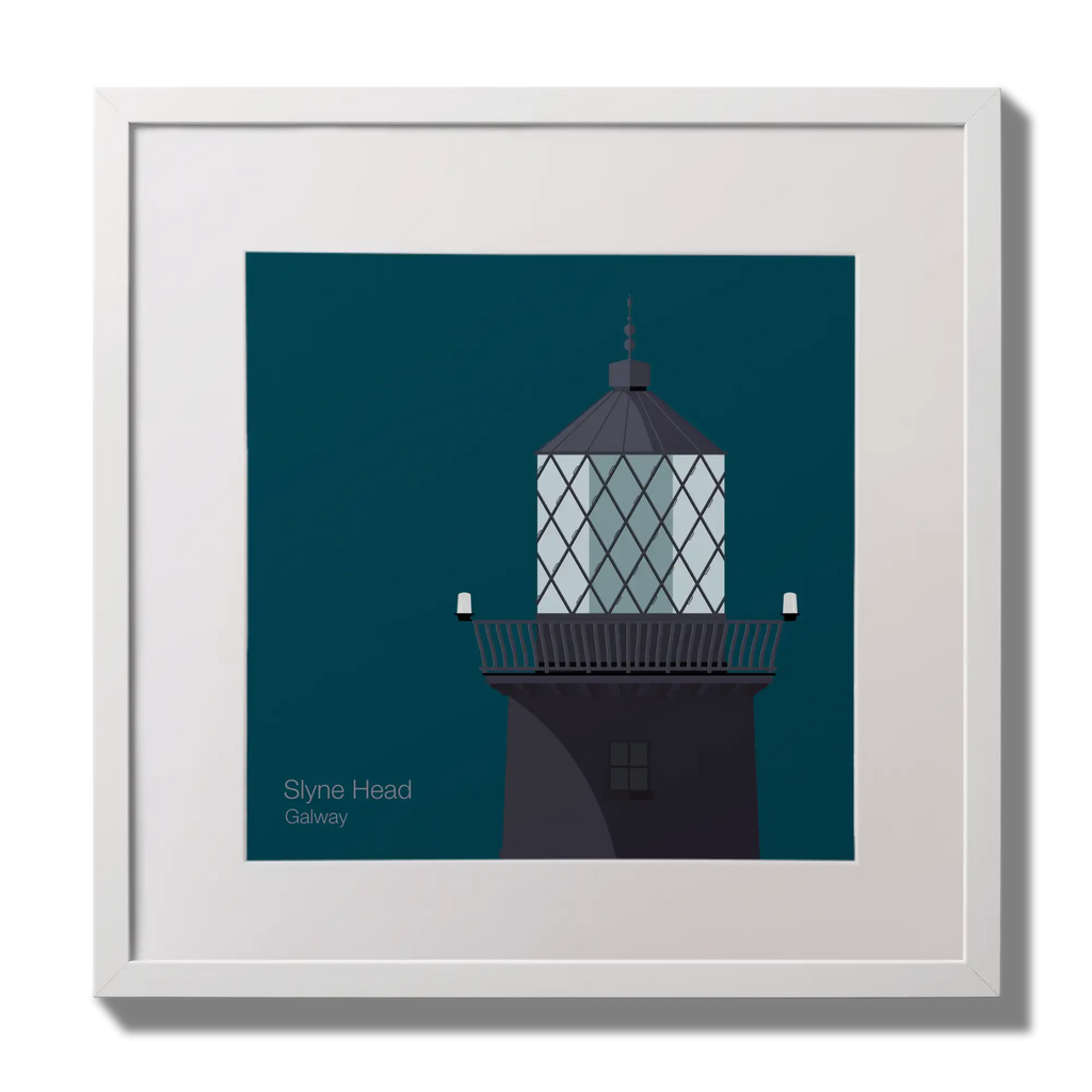 Illustration of Slyne Head lighthouse on a midnight blue background,  in a white square frame measuring 30x30cm.
