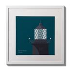 Illustration of Slyne Head lighthouse on a midnight blue background,  in a white square frame measuring 30x30cm.