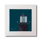 Illustration of Slyne Head lighthouse on a midnight blue background, mounted and measuring 30x30cm.