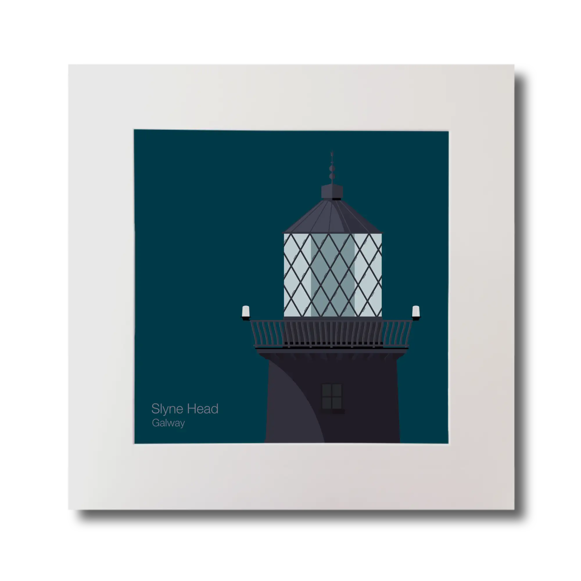 Illustration of Slyne Head lighthouse on a midnight blue background, mounted and measuring 30x30cm.