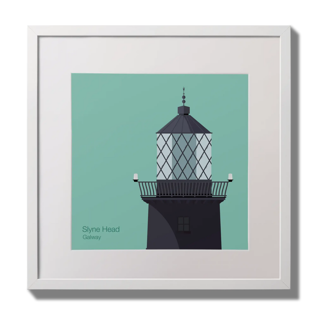Illustration of Slyne Head lighthouse on an ocean green background,  in a white square frame measuring 30x30cm.