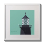 Illustration of Slyne Head lighthouse on an ocean green background,  in a white square frame measuring 30x30cm.