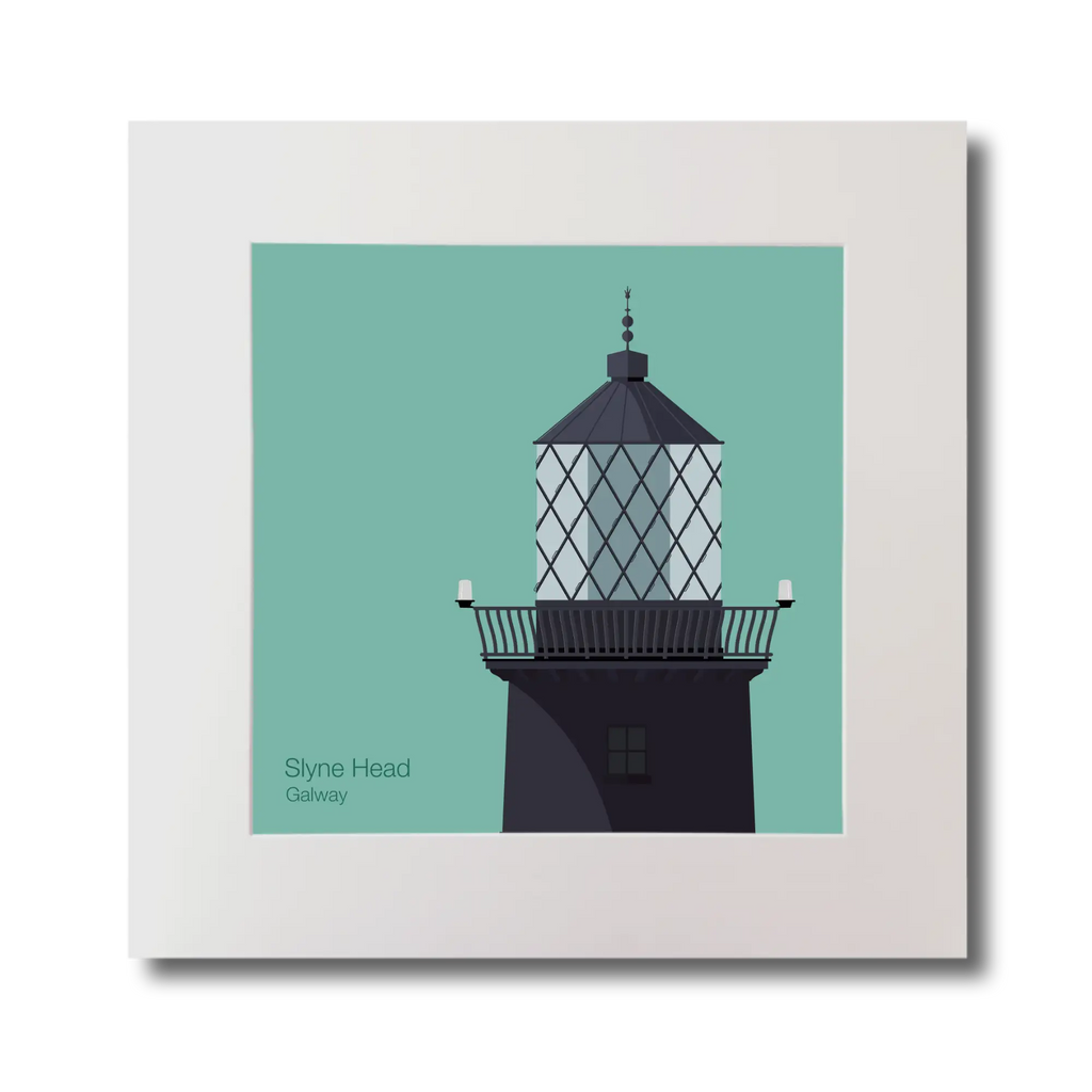 Illustration of Slyne Head lighthouse on an ocean green background, mounted and measuring 30x30cm.
